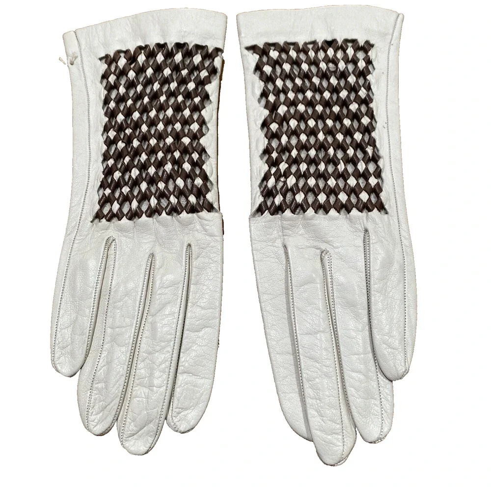 Vintage Ladies Size 7 Leather Gloves Cream & Brown Woven Leather Mid Century